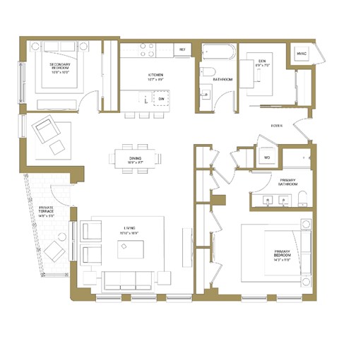 A floor plan of a house with a living room, dining room, kitchen, and multiple bathrooms.
